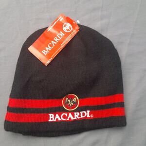 Bacardi Bat Logo Embroidered Stitched Black Red Stripes Beanie Skull Cap Hat EUC